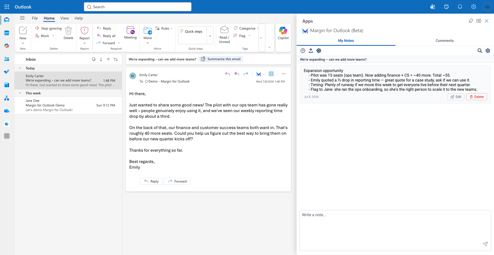 Adding a private note to an email in Margin