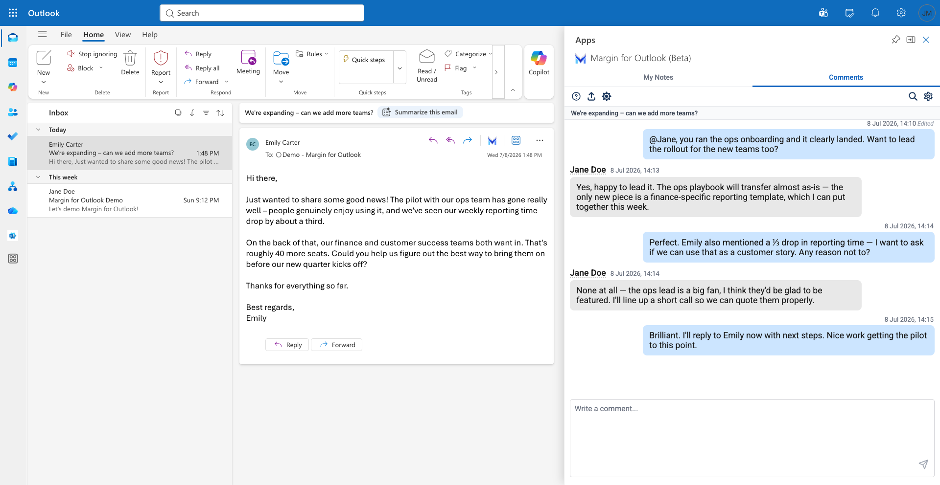 Discussing an email in Margin comments with a colleague